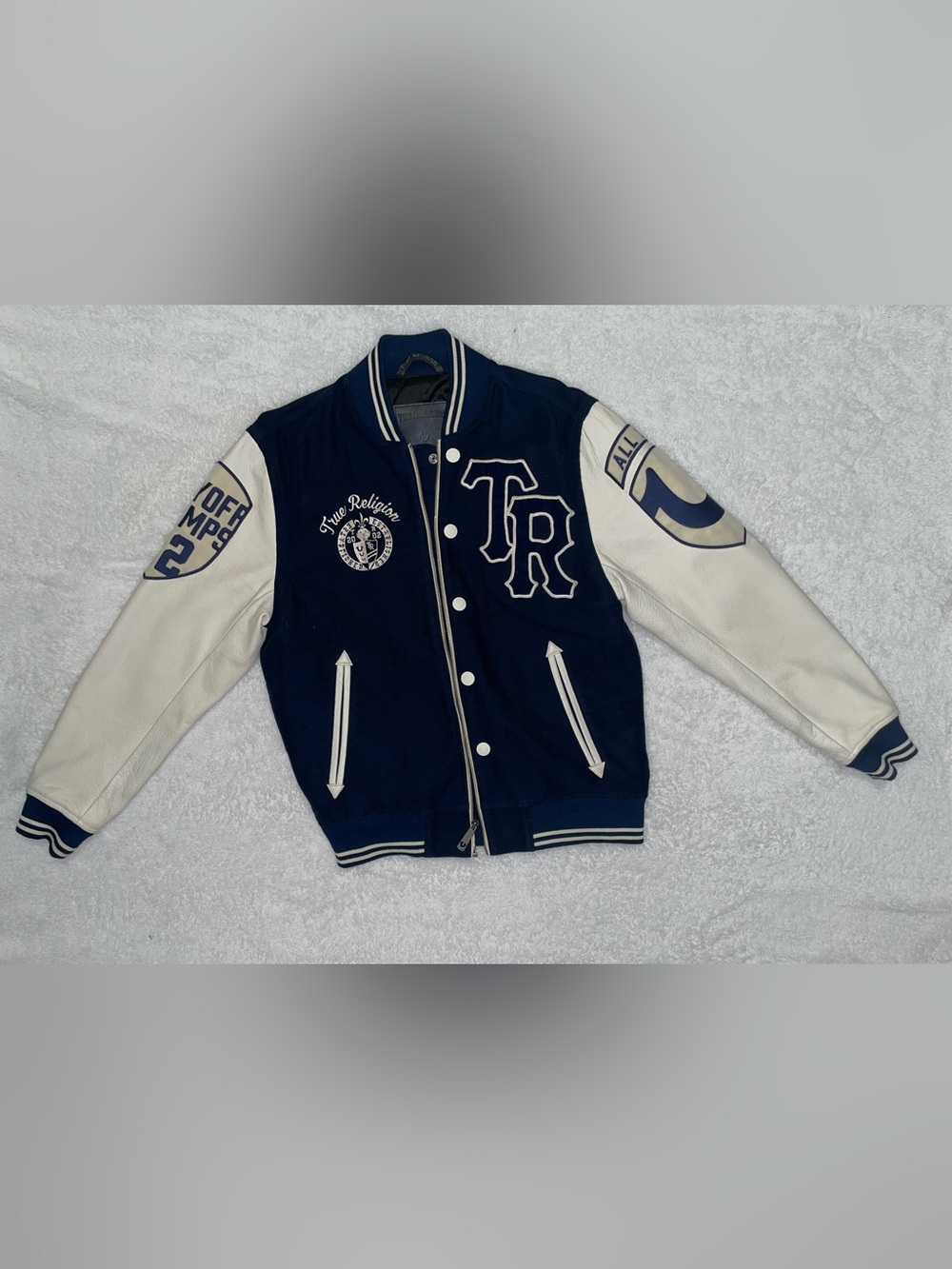 True Religion Navy and White Varsity Jacket with TR Crest